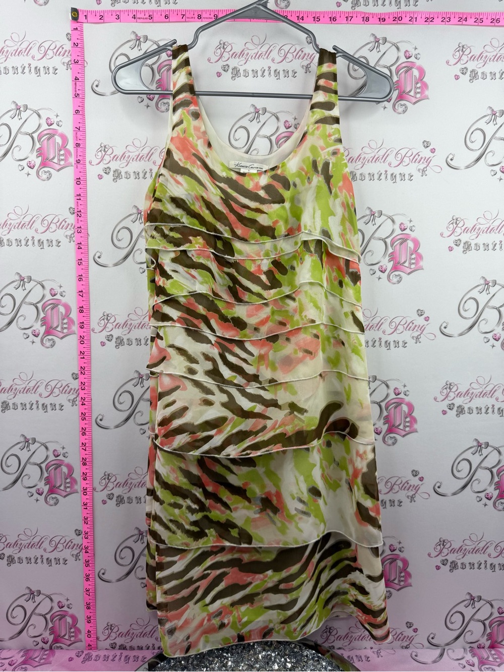 Kenneth Cole dress Tiered Midi Dress in Olive orange coral & Cream Animal Print